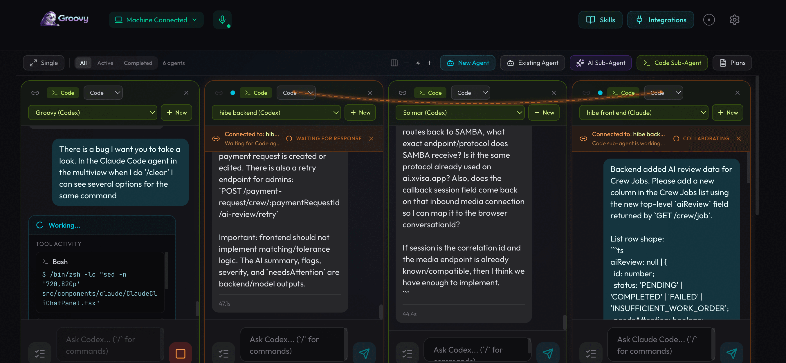 Groovy multi-agent handshake view showing coding agents coordinating work
